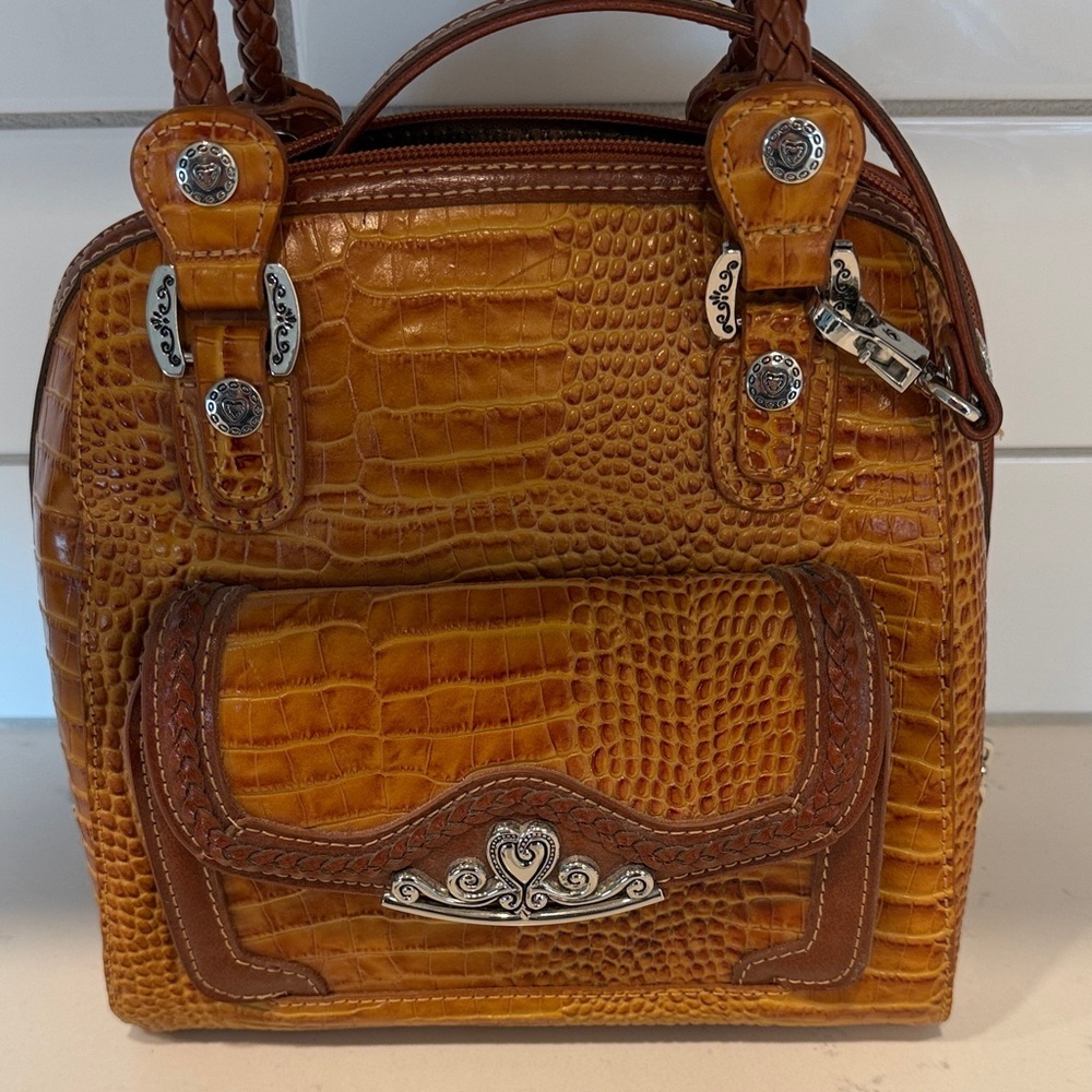 Croc-Embossed Mustard Brown Satchel with Decorative Silver Accents